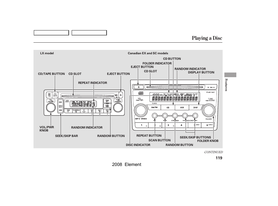Playing a disc, 2008 element | HONDA 2008 Element User Manual | Page 123 / 281