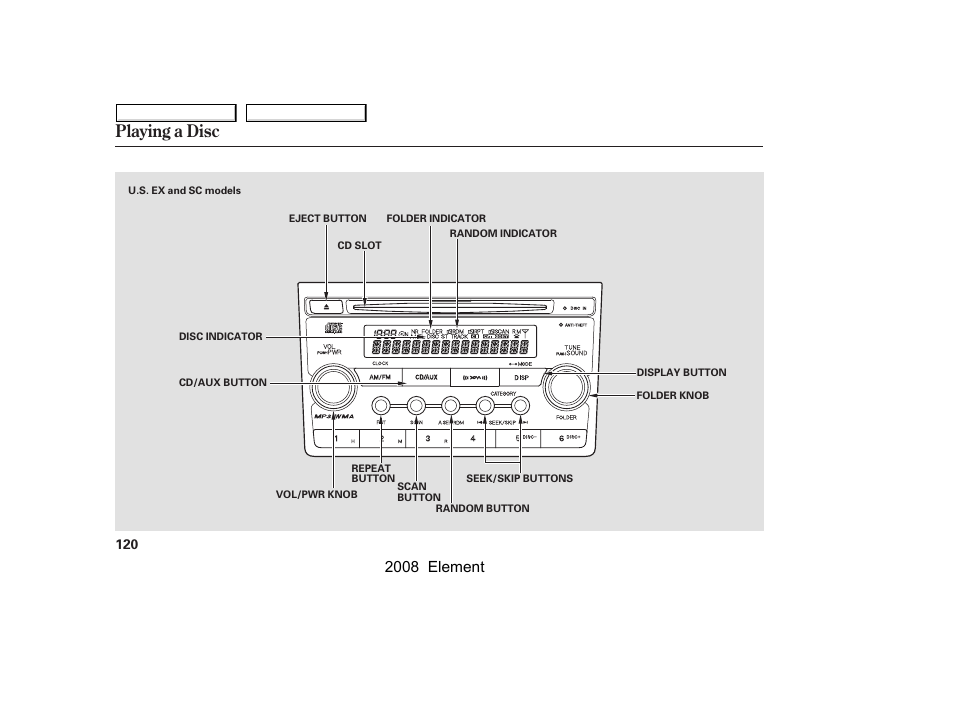 Playing a disc, 2008 element | HONDA 2008 Element User Manual | Page 124 / 281