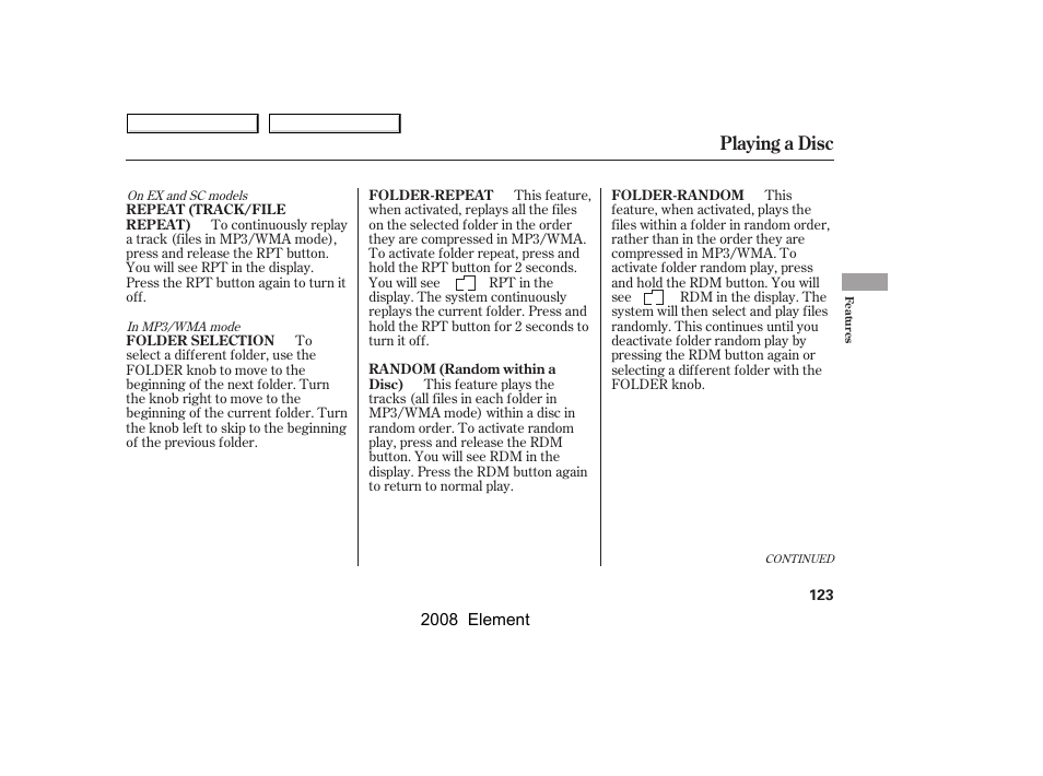 Playing a disc | HONDA 2008 Element User Manual | Page 127 / 281