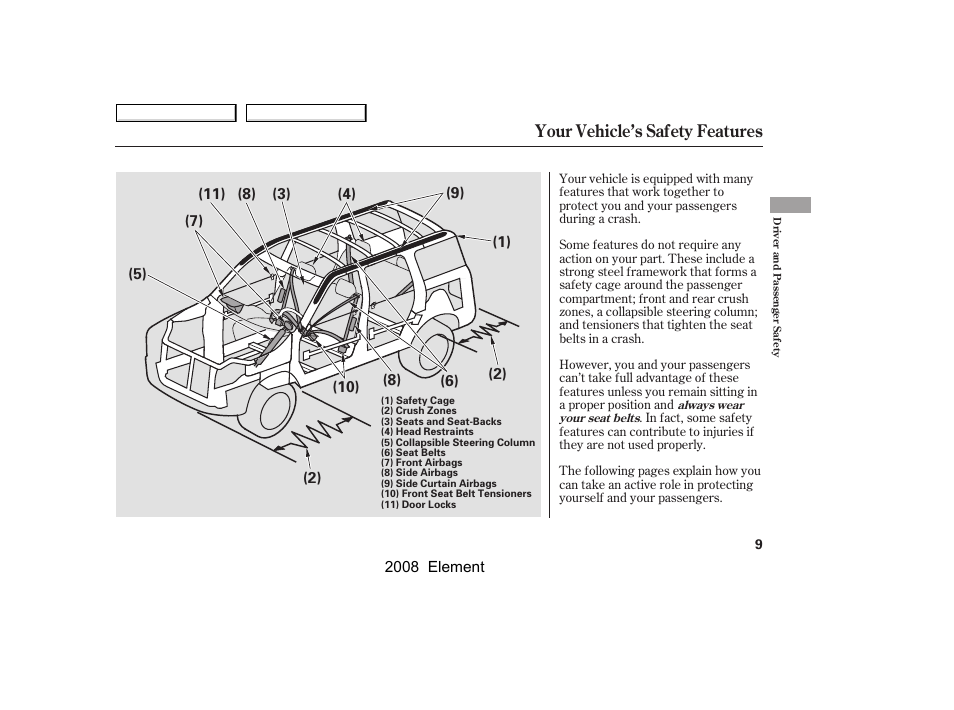Your vehicle’s safety features | HONDA 2008 Element User Manual | Page 13 / 281