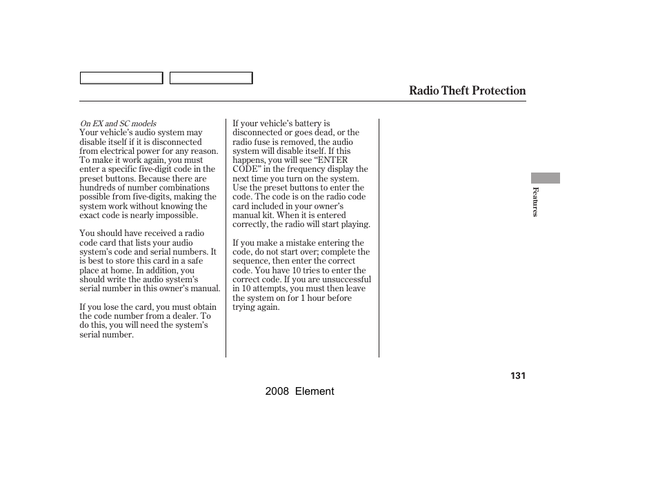 Radio theft protection | HONDA 2008 Element User Manual | Page 135 / 281