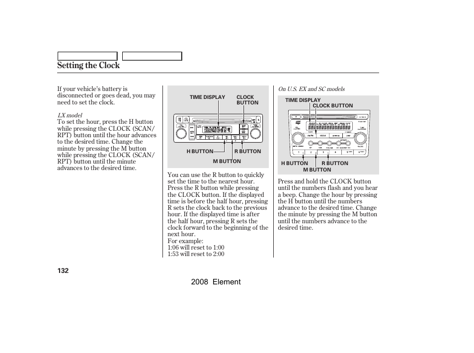 Setting the clock, 2008 element | HONDA 2008 Element User Manual | Page 136 / 281