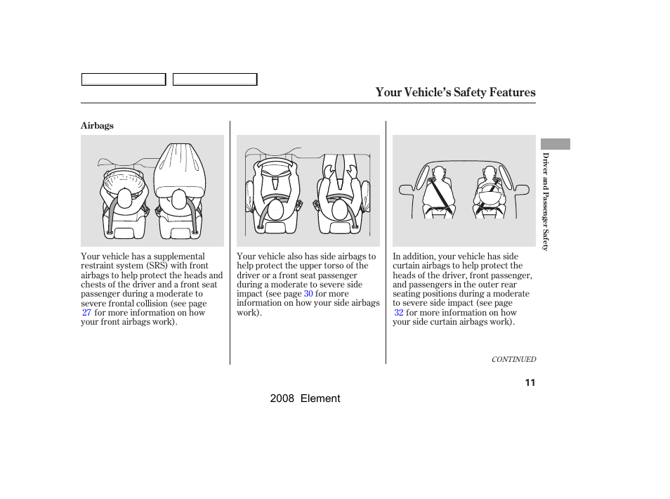 Your vehicle’s safety features | HONDA 2008 Element User Manual | Page 15 / 281