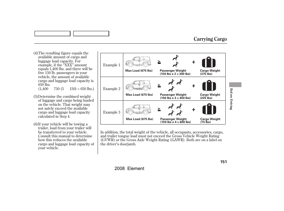 Carrying cargo, 2008 element | HONDA 2008 Element User Manual | Page 155 / 281