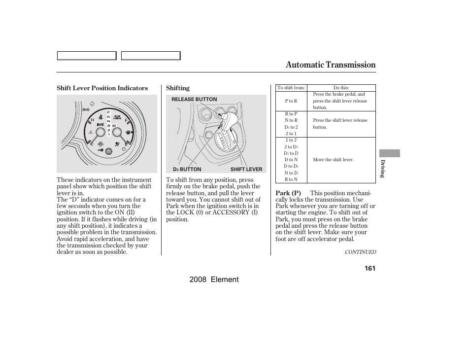 Automatic transmission, 2008 element | HONDA 2008 Element User Manual | Page 165 / 281