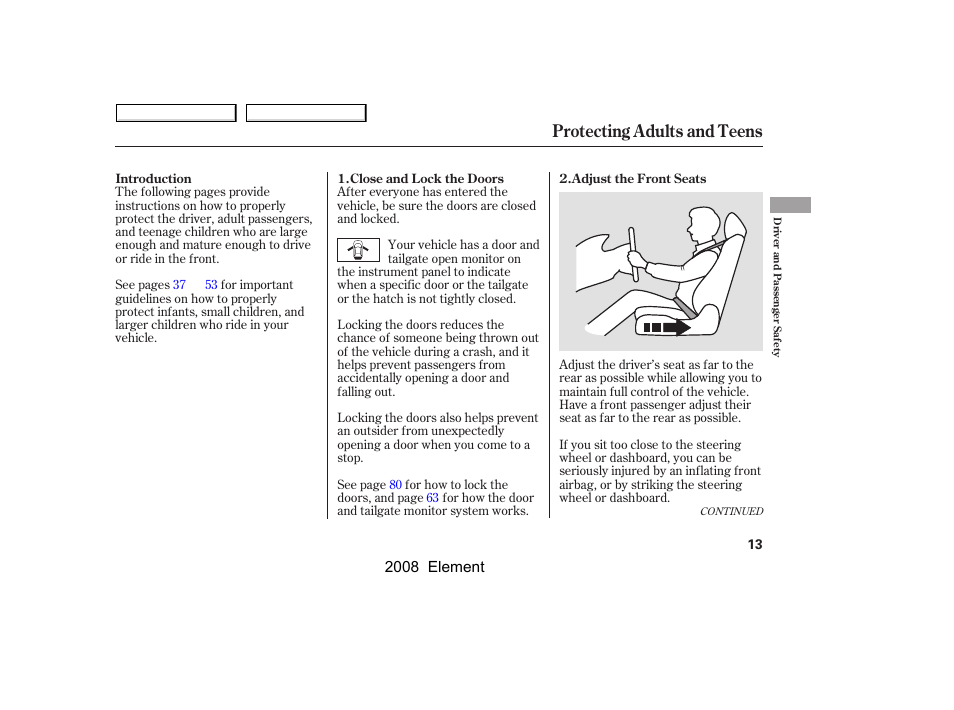 Protecting adults and teens | HONDA 2008 Element User Manual | Page 17 / 281