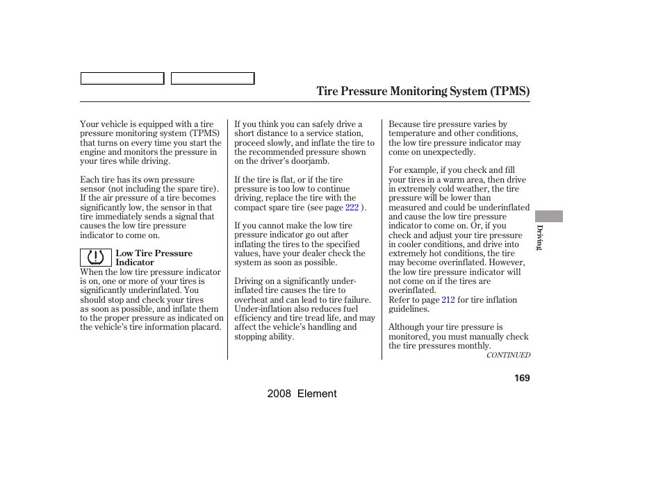 Tire pressure monitoring system (tpms) | HONDA 2008 Element User Manual | Page 173 / 281