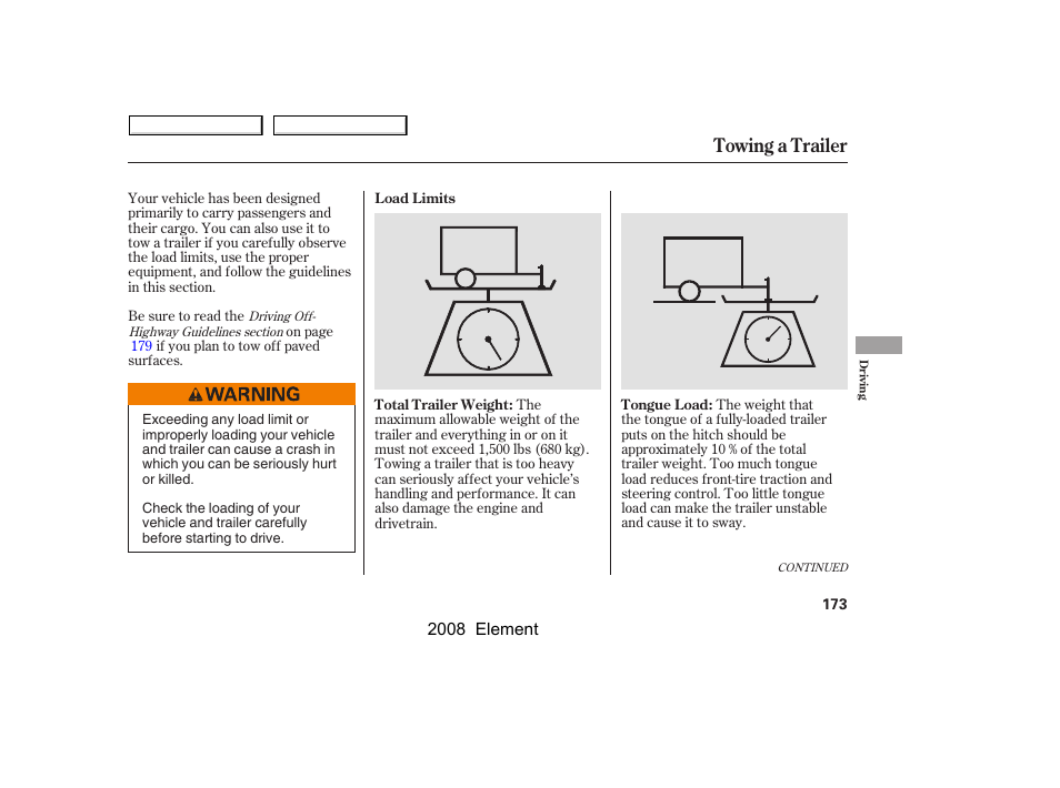 Towing a trailer | HONDA 2008 Element User Manual | Page 177 / 281