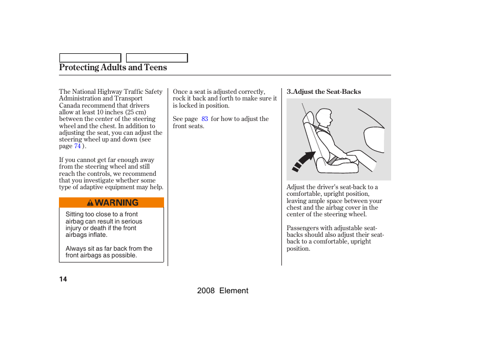 Protecting adults and teens | HONDA 2008 Element User Manual | Page 18 / 281