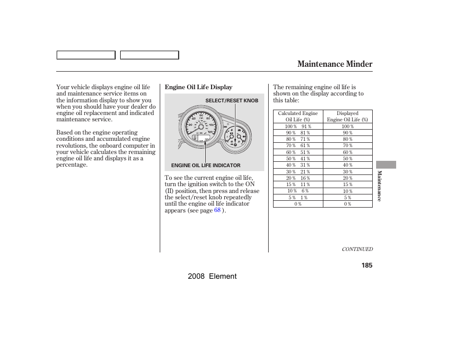 Maintenance minder, 2008 element | HONDA 2008 Element User Manual | Page 189 / 281