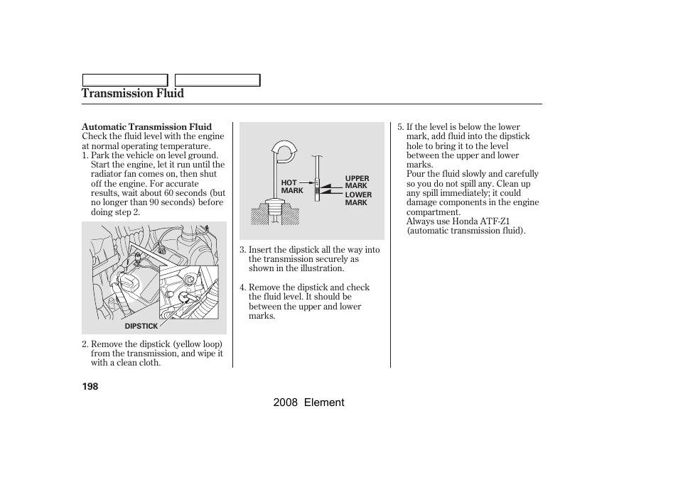 Transmission fluid | HONDA 2008 Element User Manual | Page 202 / 281