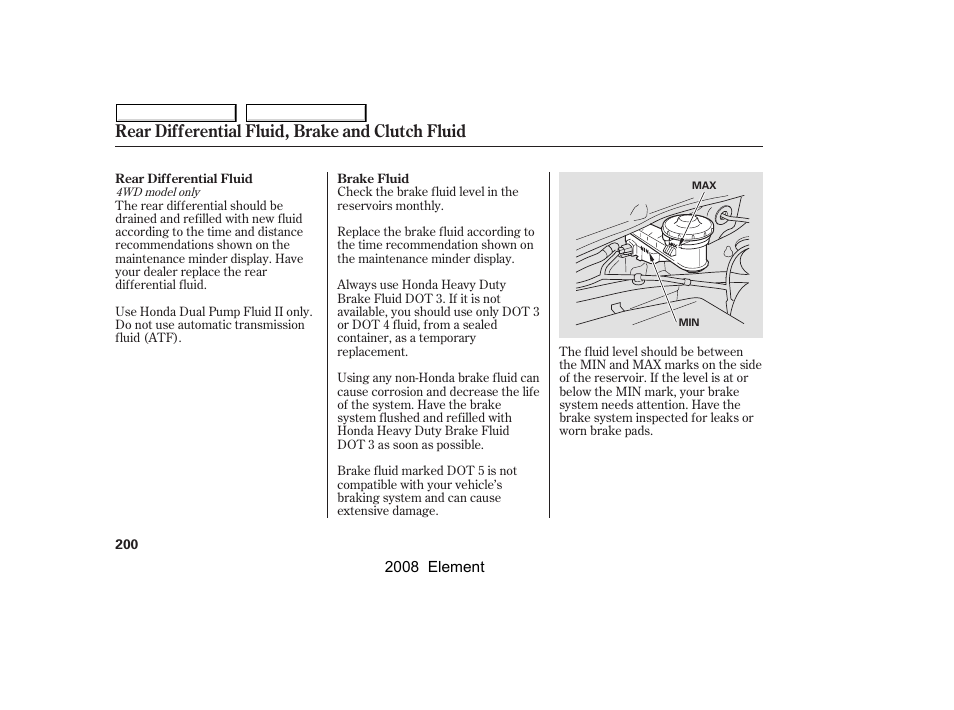 Rear differential fluid, brake and clutch fluid | HONDA 2008 Element User Manual | Page 204 / 281