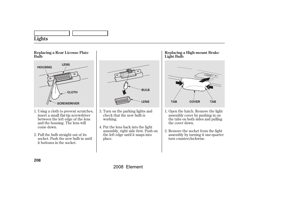 Lights, 2008 element | HONDA 2008 Element User Manual | Page 212 / 281