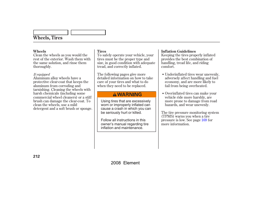 Wheels, tires | HONDA 2008 Element User Manual | Page 216 / 281