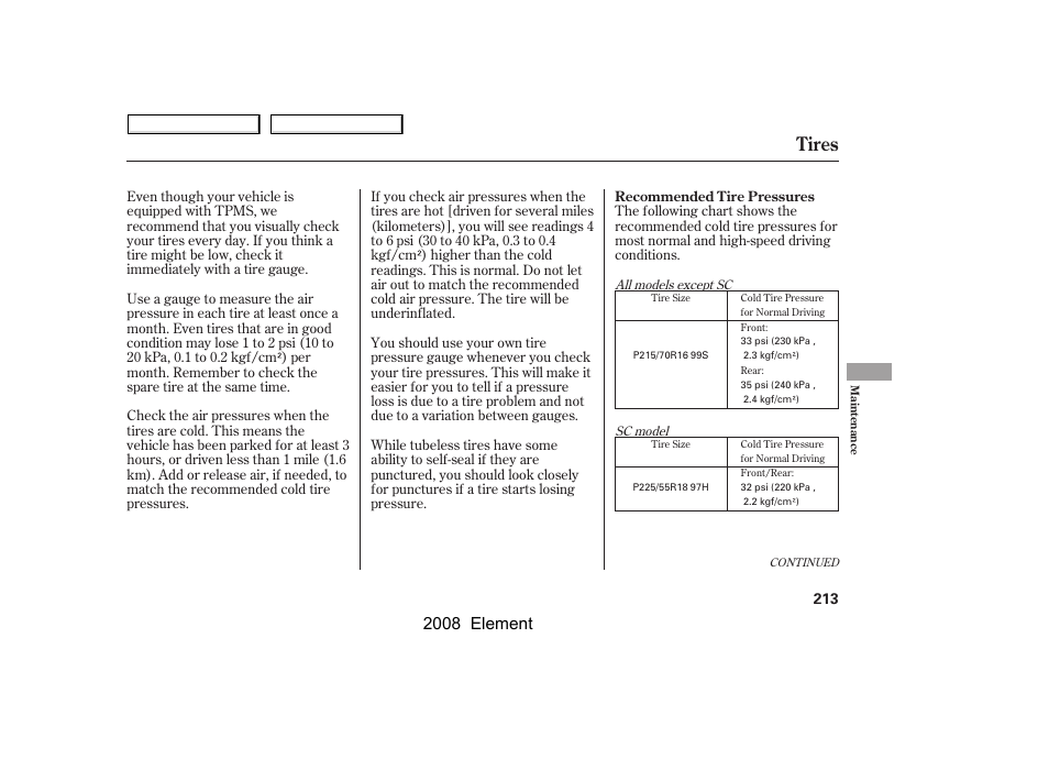 Tires, 2008 element | HONDA 2008 Element User Manual | Page 217 / 281