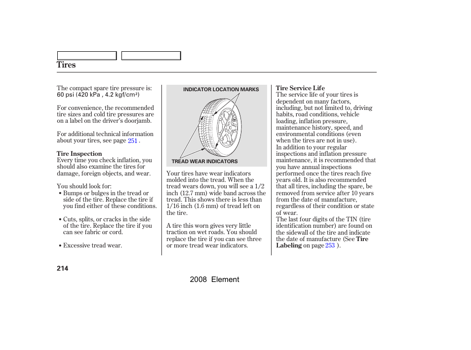 Tires | HONDA 2008 Element User Manual | Page 218 / 281