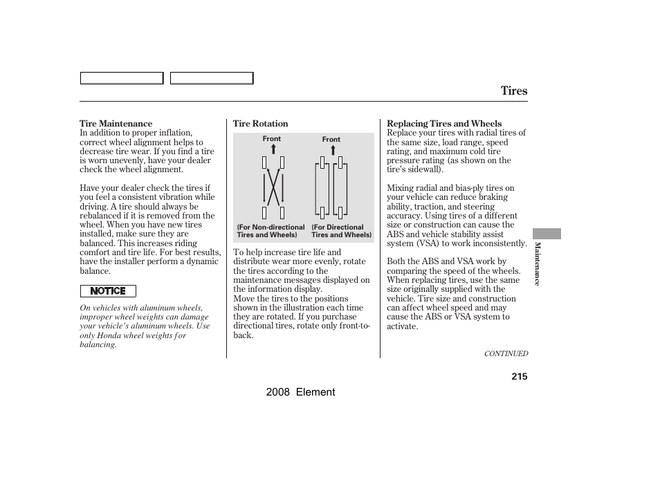 Tires, 2008 element | HONDA 2008 Element User Manual | Page 219 / 281