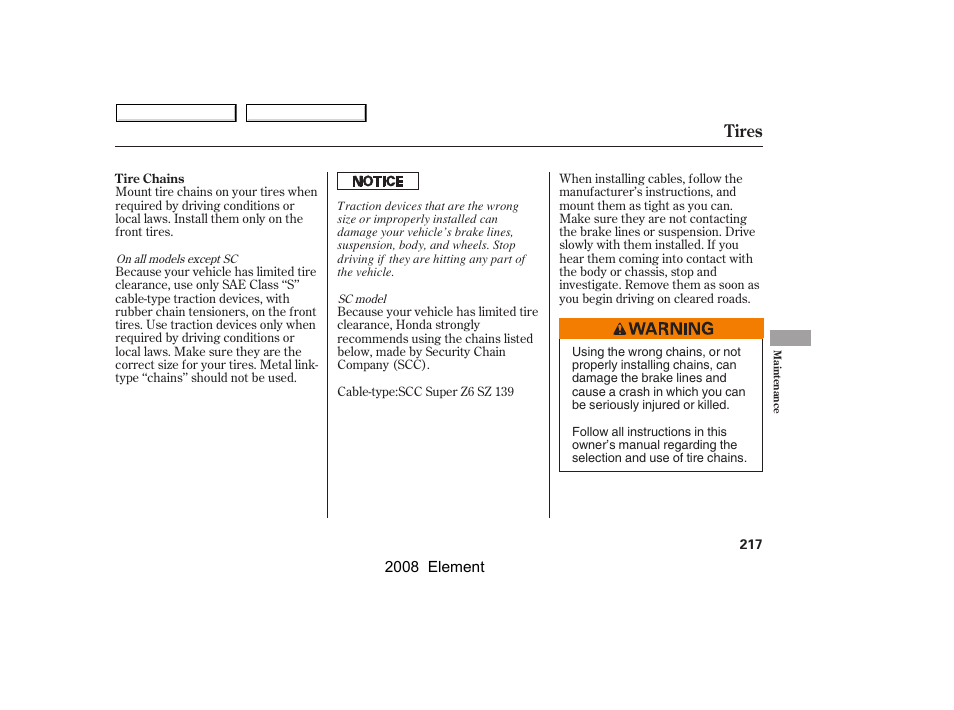 Tires | HONDA 2008 Element User Manual | Page 221 / 281