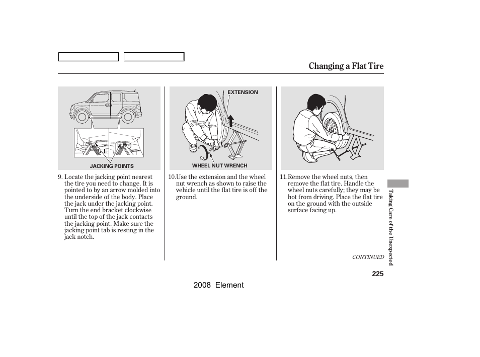 Changing a flat tire, 2008 element | HONDA 2008 Element User Manual | Page 229 / 281