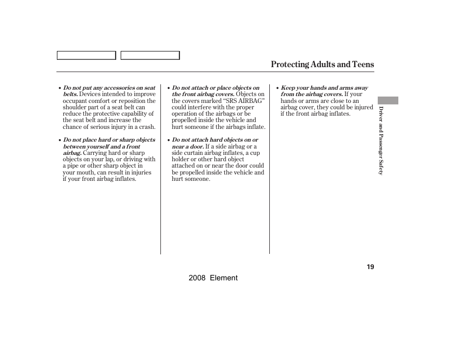 Protecting adults and teens, 2008 element | HONDA 2008 Element User Manual | Page 23 / 281