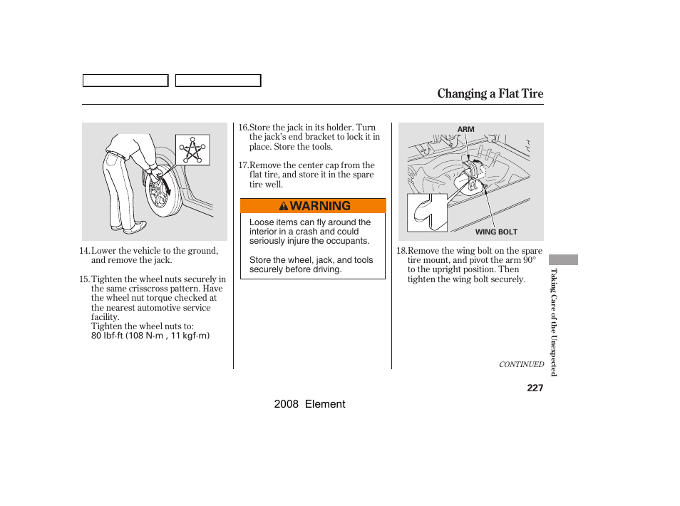 Changing a flat tire, 2008 element | HONDA 2008 Element User Manual | Page 231 / 281