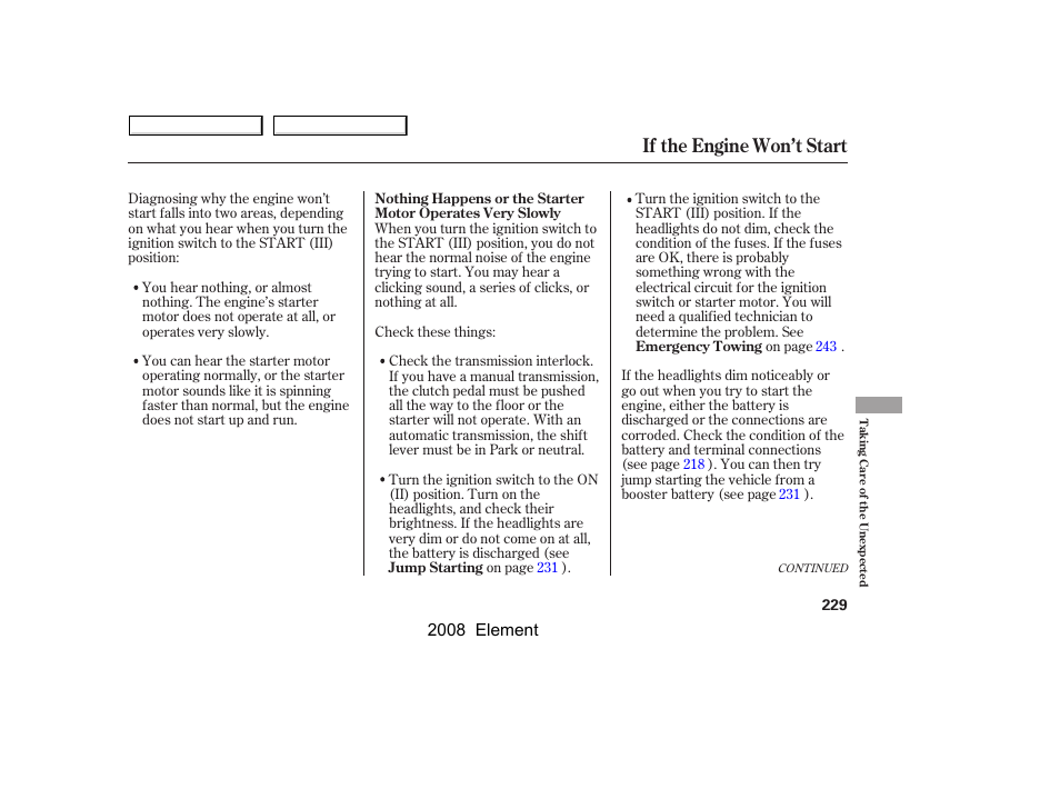 If the engine won’t start, 2008 element | HONDA 2008 Element User Manual | Page 233 / 281