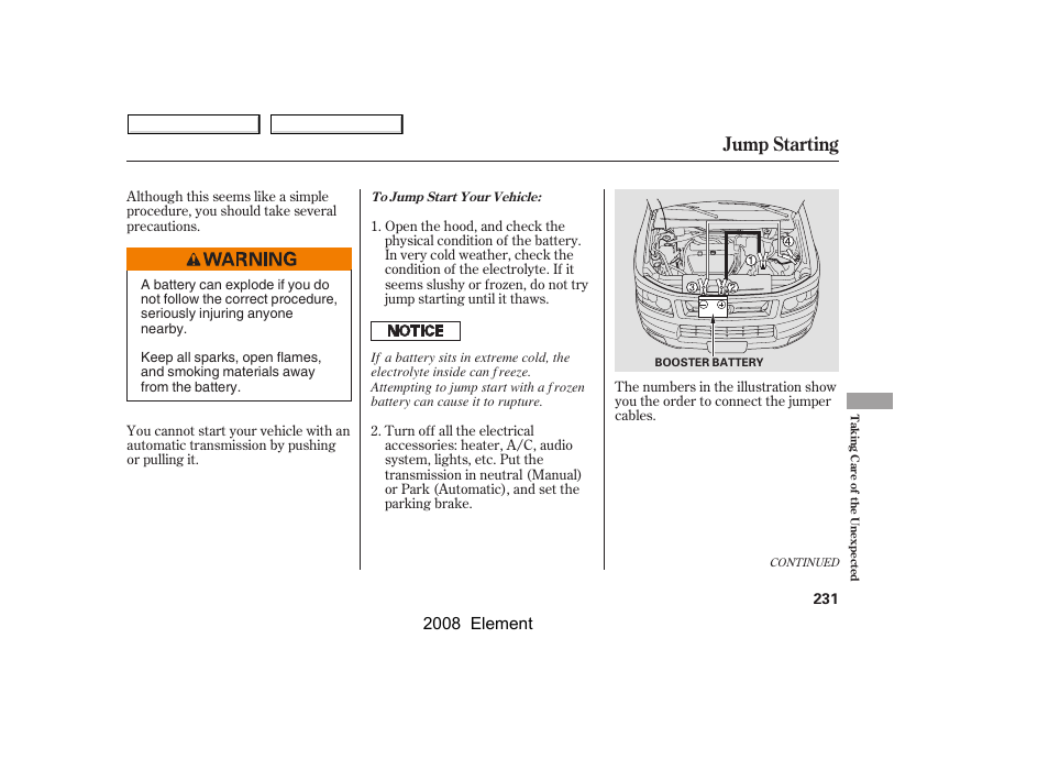 Jump starting, 2008 element | HONDA 2008 Element User Manual | Page 235 / 281