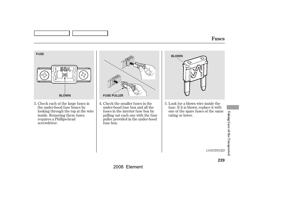 Fuses, 2008 element | HONDA 2008 Element User Manual | Page 243 / 281