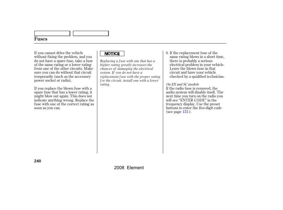 Fuses | HONDA 2008 Element User Manual | Page 244 / 281