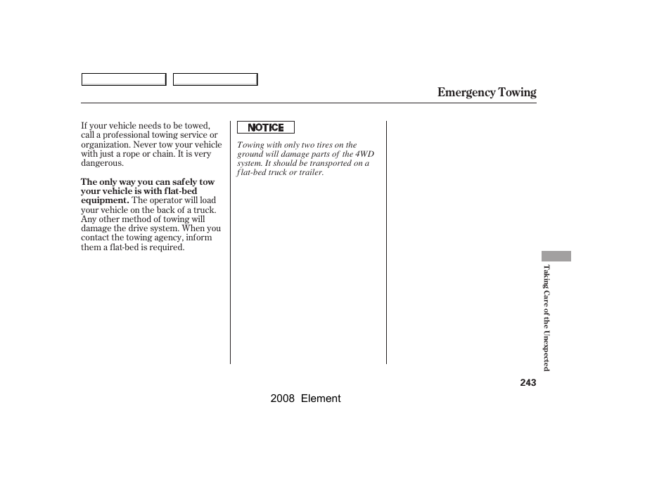 Emergency towing, 2008 element | HONDA 2008 Element User Manual | Page 247 / 281