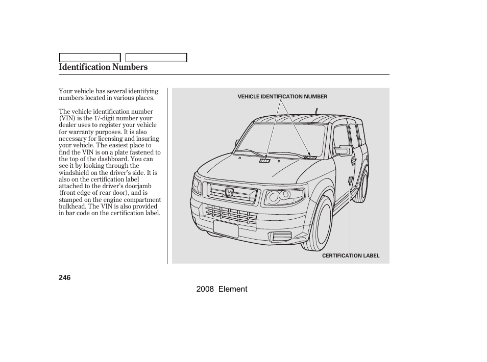 Identification numbers | HONDA 2008 Element User Manual | Page 250 / 281
