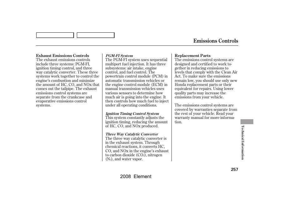 Emissions controls, 2008 element | HONDA 2008 Element User Manual | Page 261 / 281