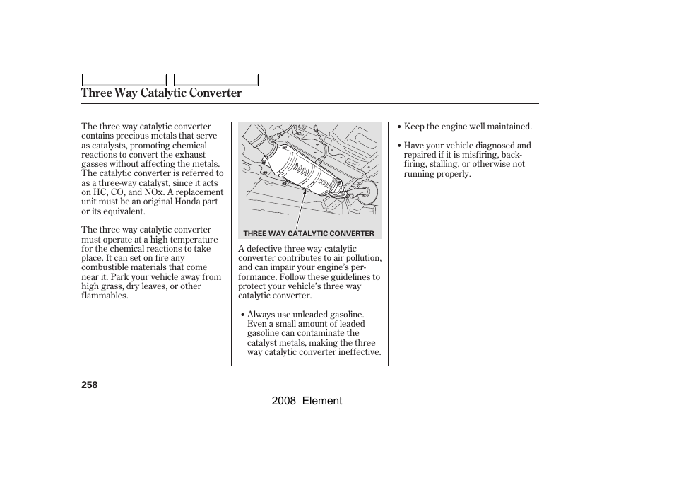 Three way catalytic converter | HONDA 2008 Element User Manual | Page 262 / 281