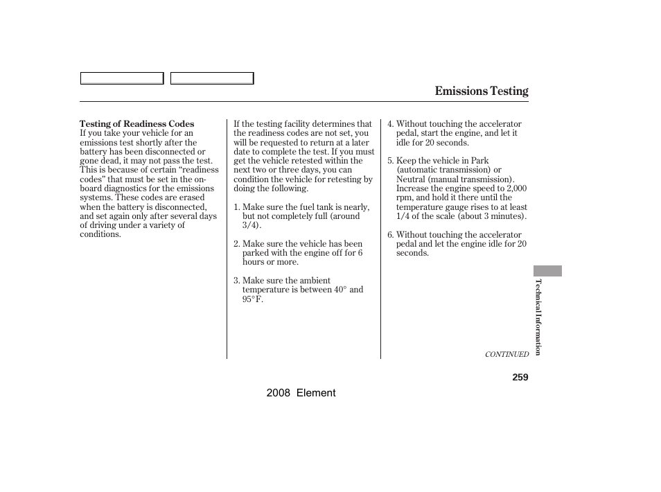 Emissions testing | HONDA 2008 Element User Manual | Page 263 / 281