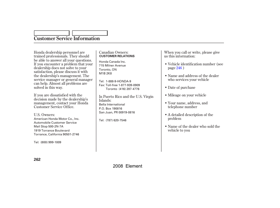 Customer service information | HONDA 2008 Element User Manual | Page 266 / 281