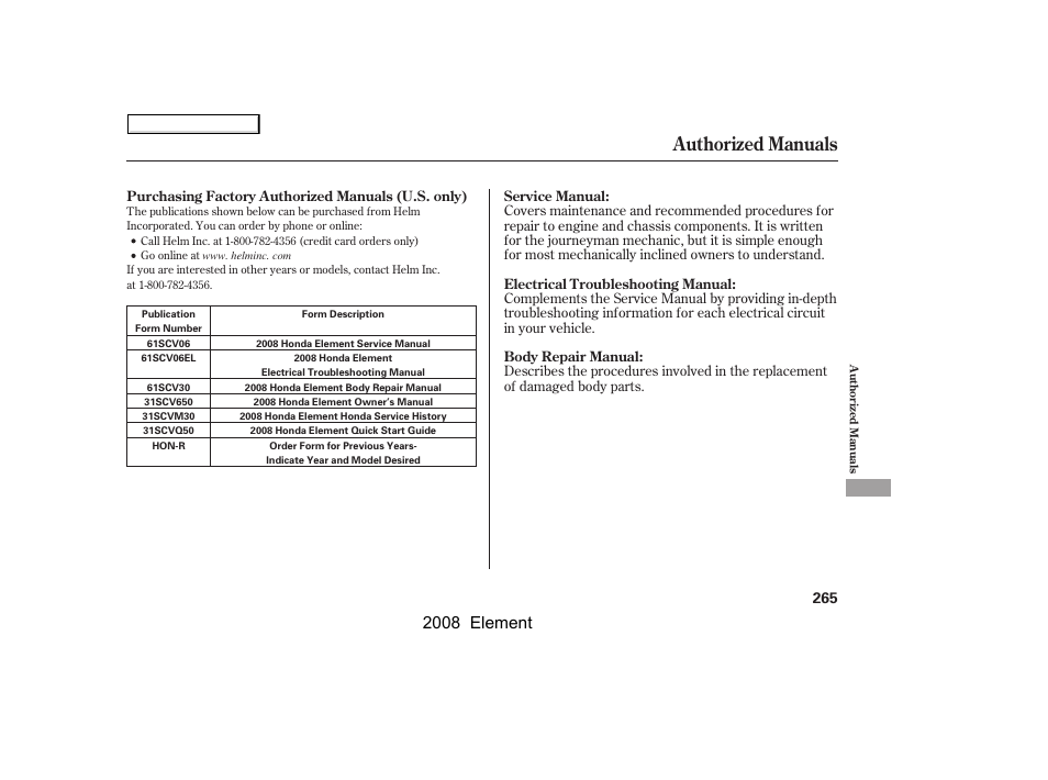 Authorized manuals, 2008 element | HONDA 2008 Element User Manual | Page 269 / 281