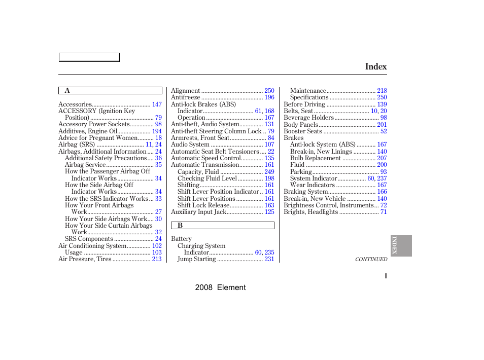 Index | HONDA 2008 Element User Manual | Page 271 / 281