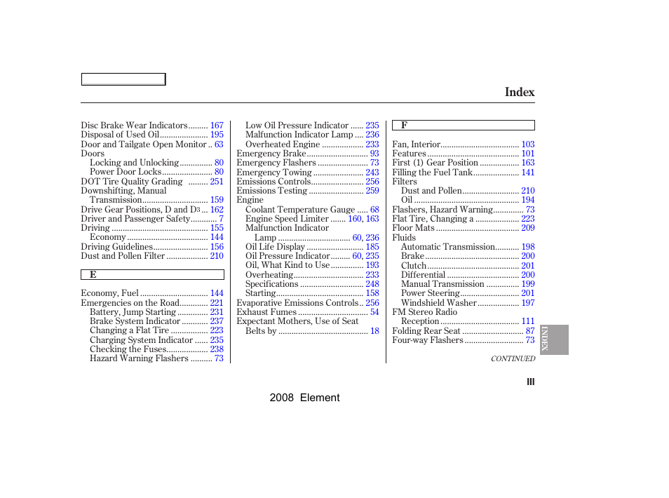 Index | HONDA 2008 Element User Manual | Page 273 / 281