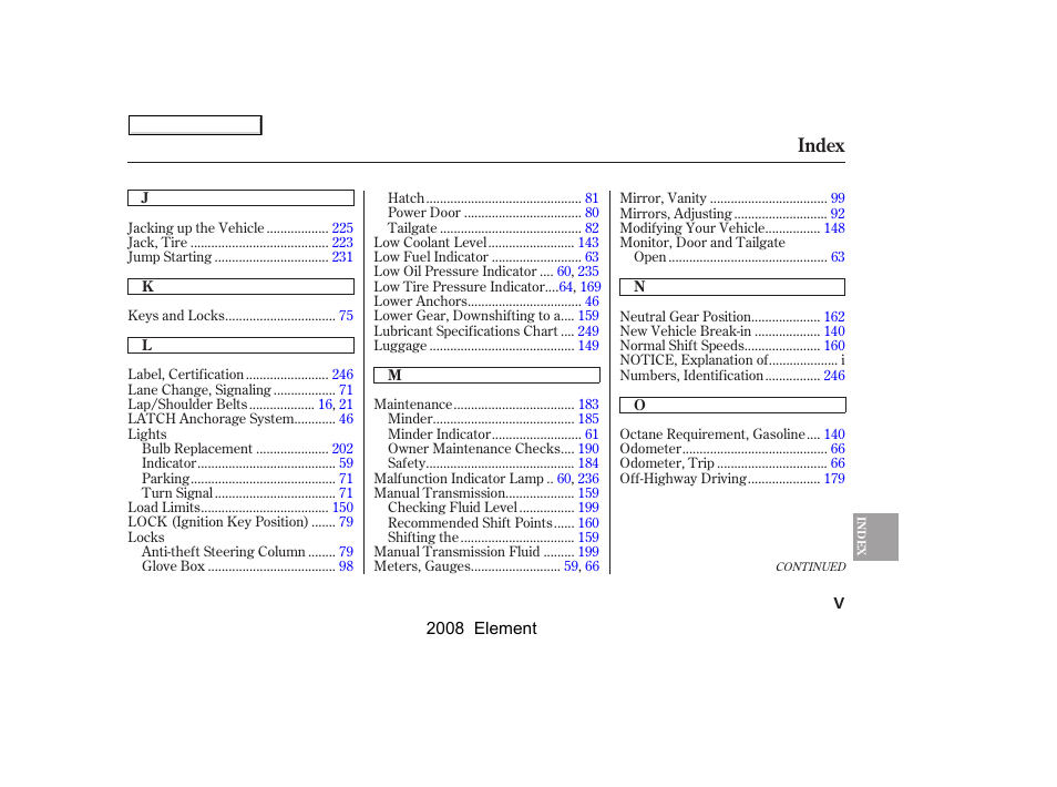 Index | HONDA 2008 Element User Manual | Page 275 / 281