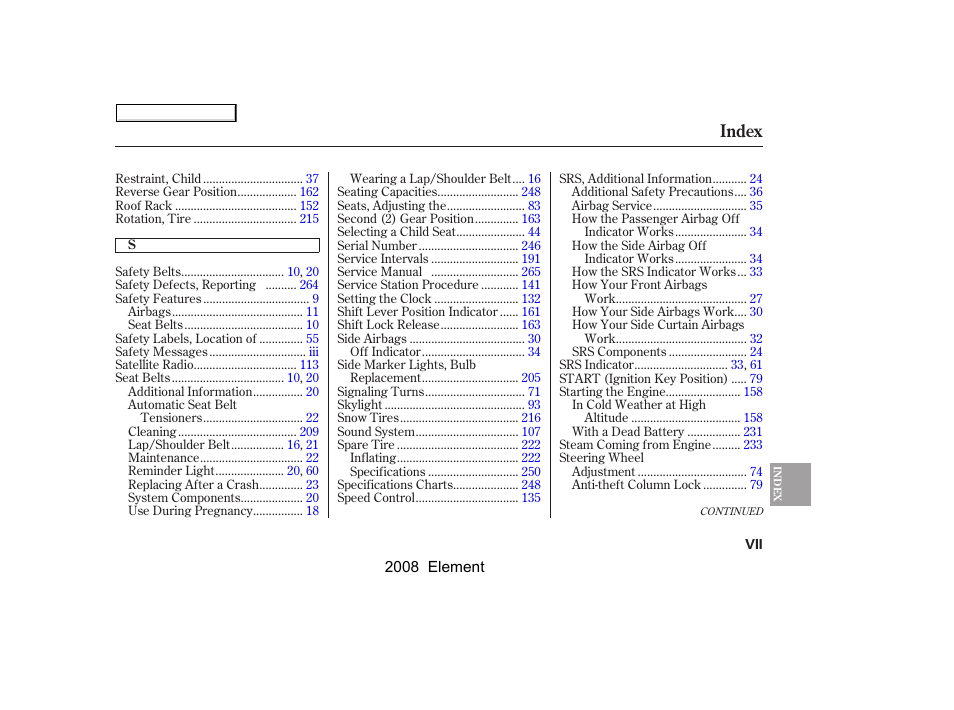 Index | HONDA 2008 Element User Manual | Page 277 / 281
