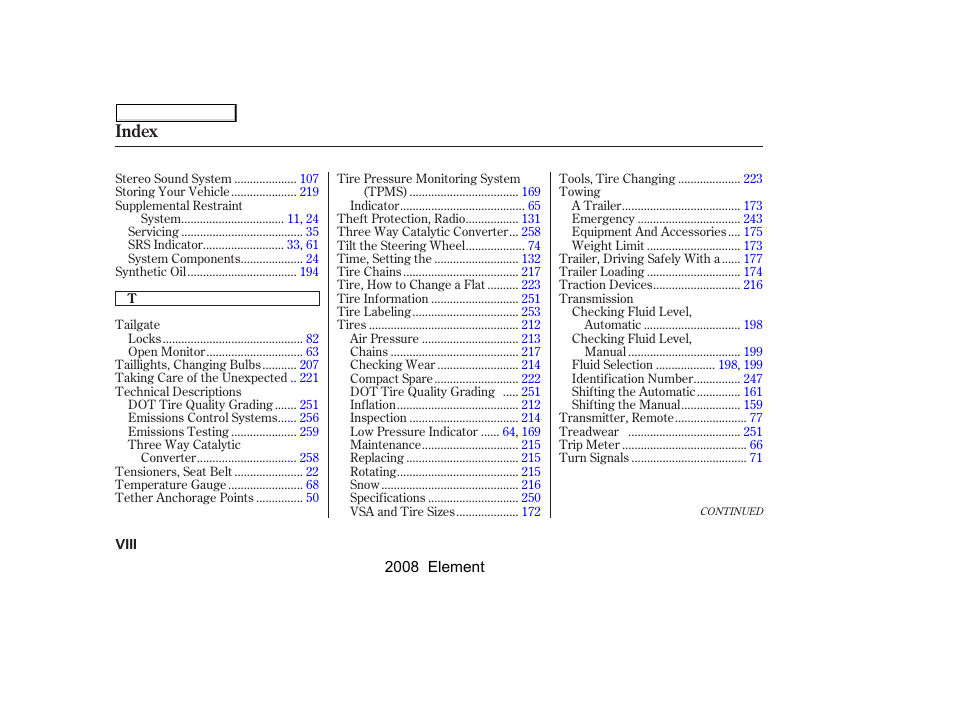 Index | HONDA 2008 Element User Manual | Page 278 / 281