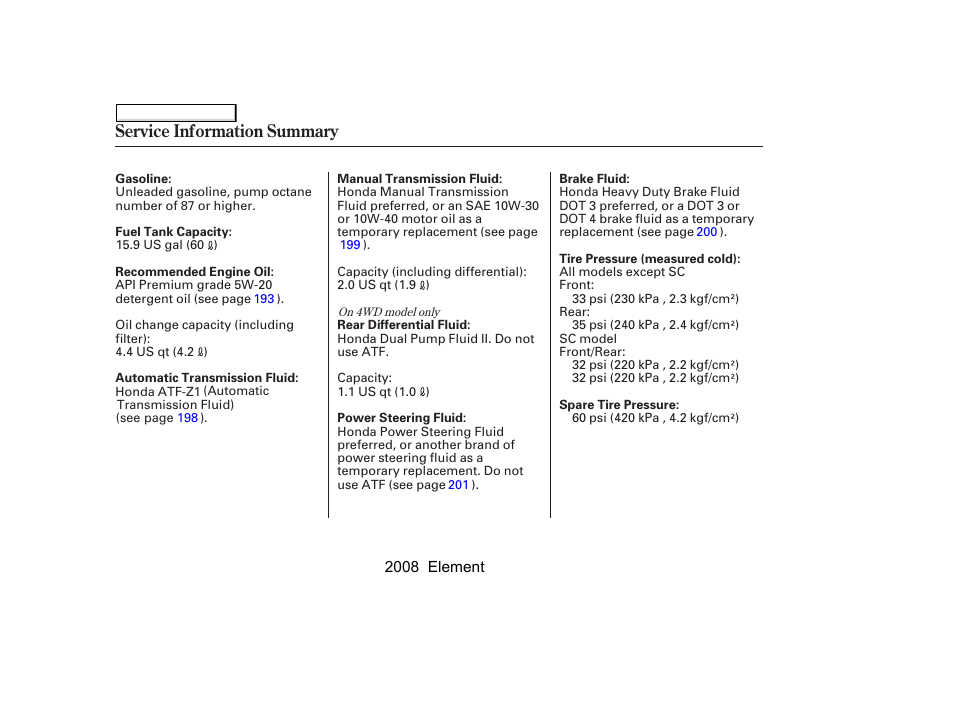 Service information summary | HONDA 2008 Element User Manual | Page 280 / 281