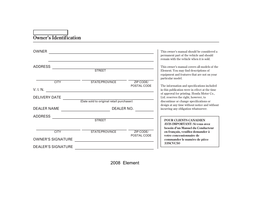 Owner’s identification, 2008 element | HONDA 2008 Element User Manual | Page 281 / 281