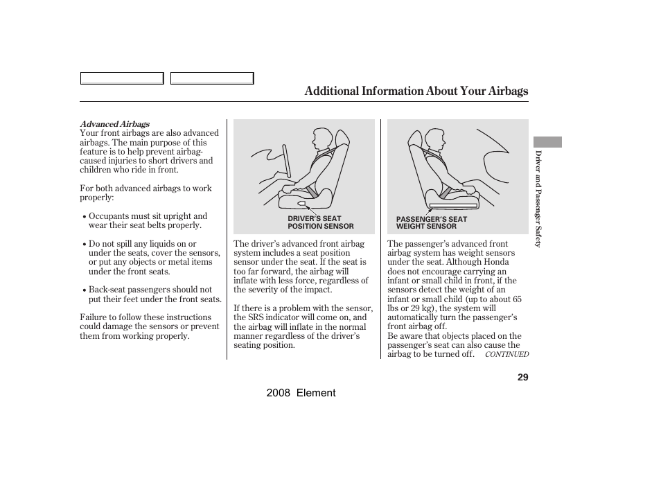 Additional information about your airbags, 2008 element | HONDA 2008 Element User Manual | Page 33 / 281