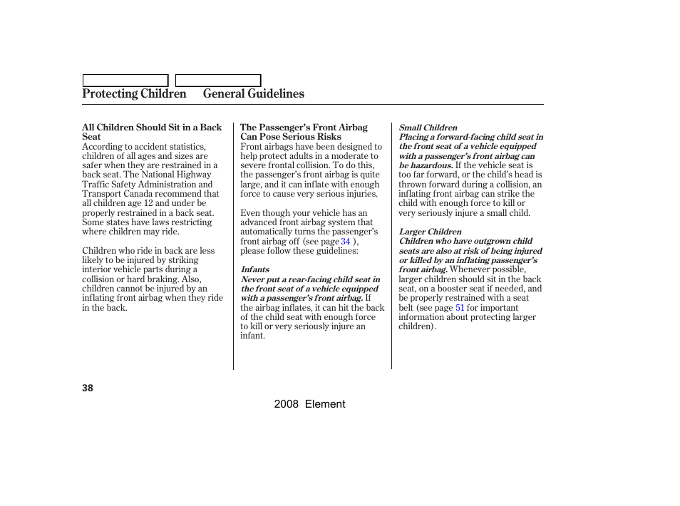 Protecting children general guidelines | HONDA 2008 Element User Manual | Page 42 / 281