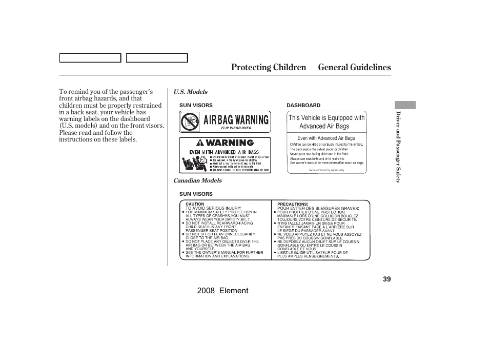 Protecting children general guidelines, 2008 element | HONDA 2008 Element User Manual | Page 43 / 281