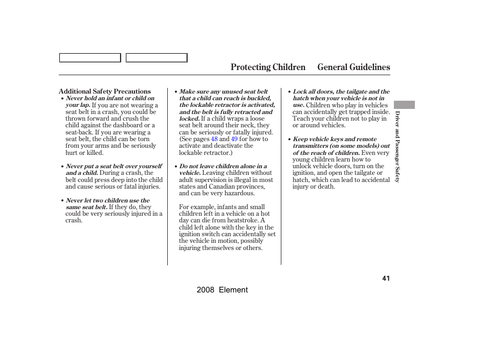 Protecting children general guidelines | HONDA 2008 Element User Manual | Page 45 / 281