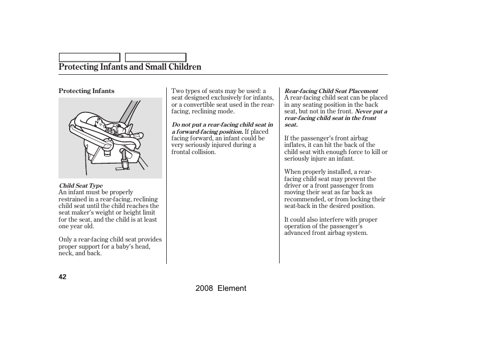 Protecting infants and small children | HONDA 2008 Element User Manual | Page 46 / 281