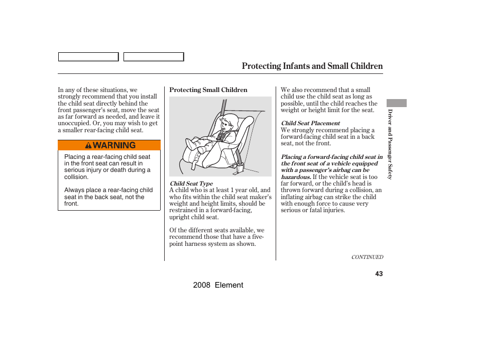 Protecting infants and small children, 2008 element | HONDA 2008 Element User Manual | Page 47 / 281