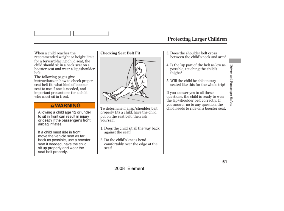 Protecting larger children | HONDA 2008 Element User Manual | Page 55 / 281